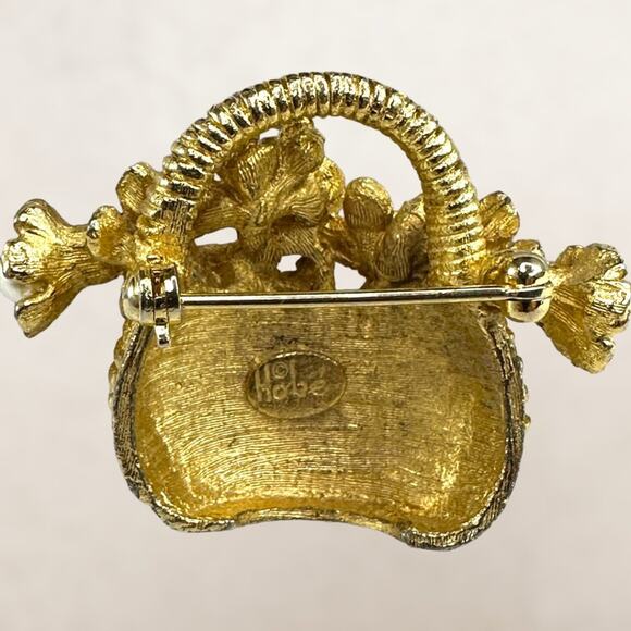 Vintage Signed Hobe Flower Basket Rhinestone & Faux Pearl Floral Basket Brooch - Picture 3 of 3